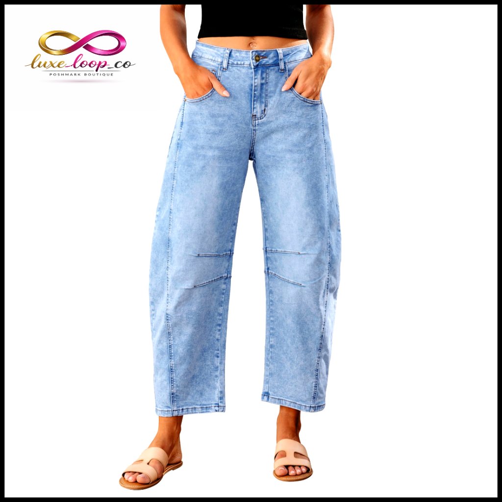 High Waisted Barrel Jeans Wide Leg Cropped Relax Fit Stretch Denim Pants